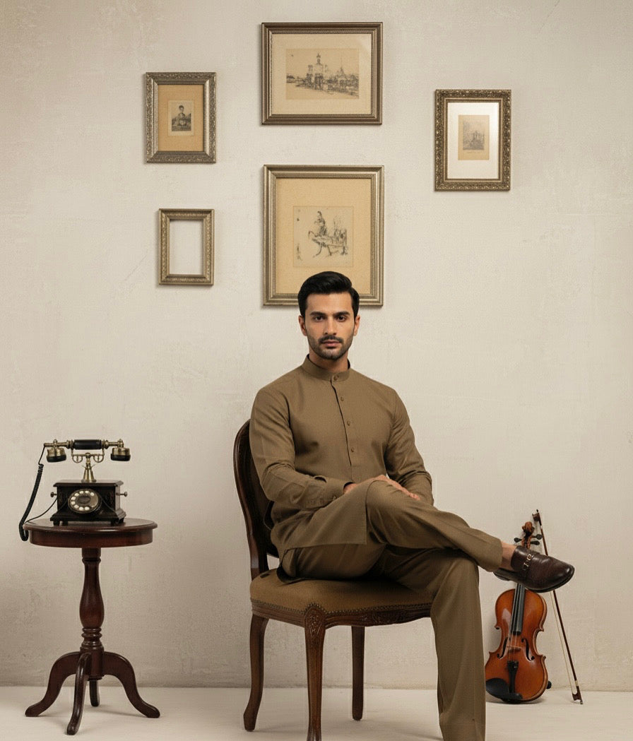 Brown Unstitched Cashmere Wool 360S Lightweight Shalwar Kameez